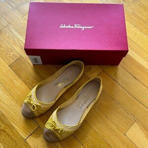 Salvatore Ferragamo Woven Raffia & Suede Yellow Flats